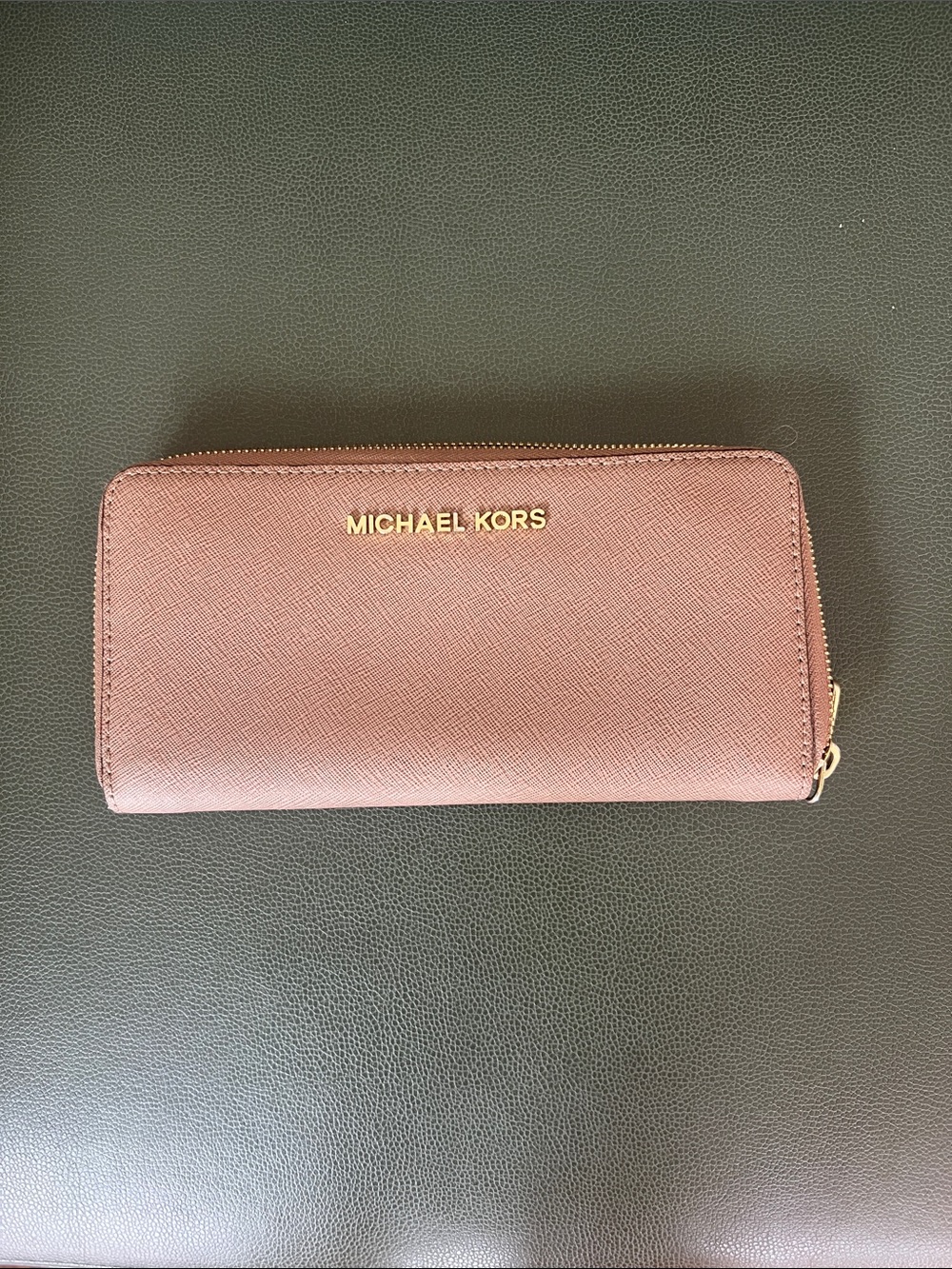 Michael Kors taupe Zip-Around Leather Wallet with Gold Logo